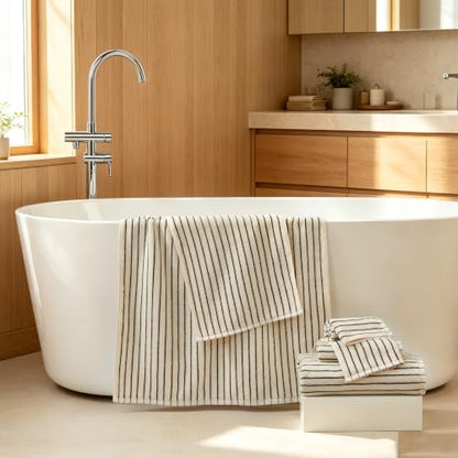 Black and White Striped Cotton Bath Towels Set 6 Pieces for Bathroom Decor