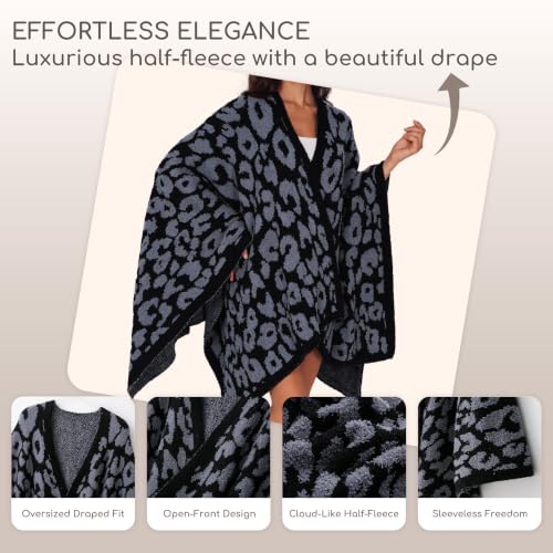 WDCOZY Wearable Blanket Poncho - Warm Soft Adults Cape Black Leopard