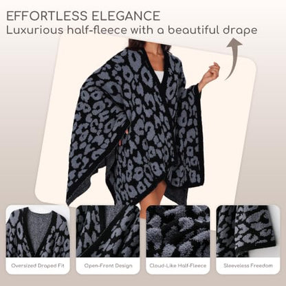 WDCOZY Wearable Blanket Poncho - Warm Soft Adults Cape Black Leopard