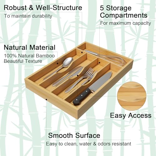 Youpehom Bamboo Utensil Organizer for Kitchen Drawers, Utensil Tray and Cutlery Silverware Holder,Wood Drawer Dividers with 5 Slots