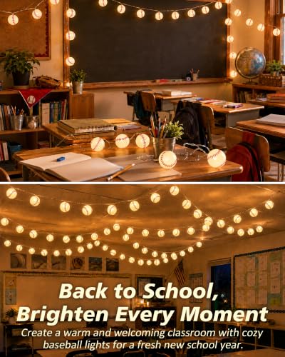 Baseball String Lights - Battery Operated 20 LED Bulbs for Room Decor, Party, Outdoor