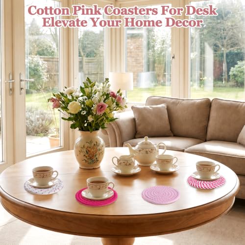 Pink Woven Fabric Coasters Set of 4 | Absorbent Drink Coasters for Desk