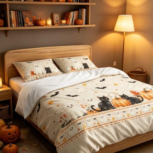 Halloween Duvet Cover Set Queen Black Cat Ghost Pumpkin Border - Whimsical Spooky Season Bedding