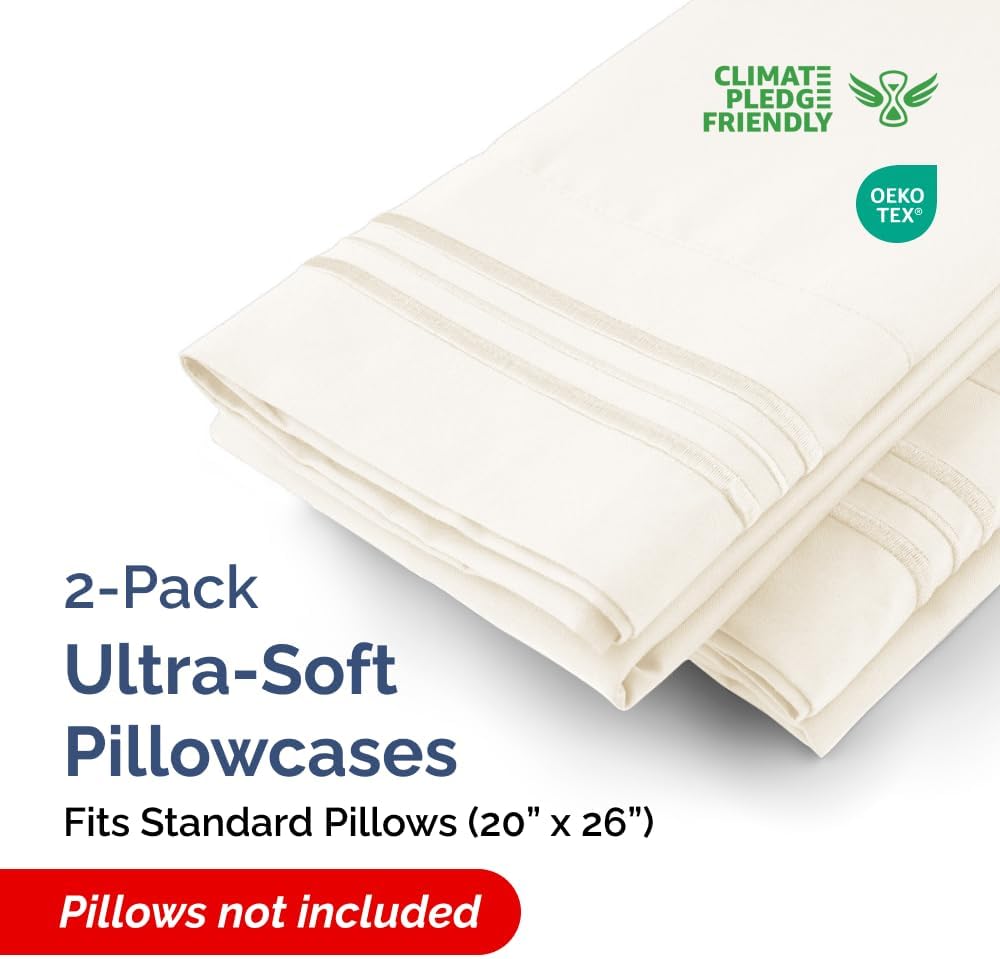 Skiennix Standard Pillow Cases Set of 2 - Ultra-Soft Hotel Quality - Wrinkle-Free & Stain Resistant - Off White