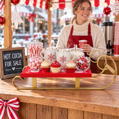 Christmas Hot Cocoa Wood Tray Holder - Red Sleigh Design for Holiday Decor