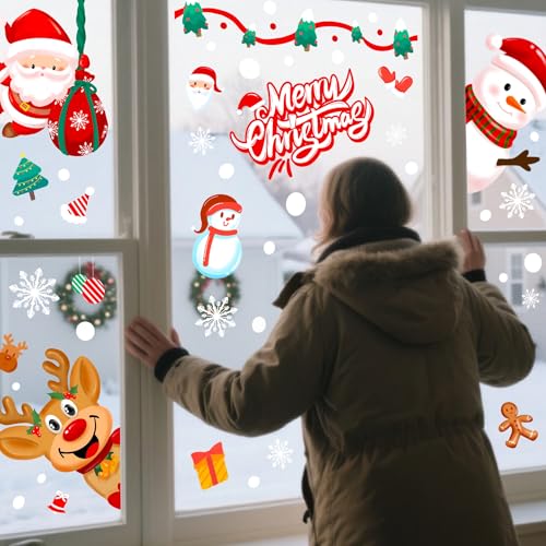 Christmas Window Clings Double-Sided Decor - Santa Snowman Reindeer Penguins & Snowflakes - 6 Sheets for Indoor Outdoor Holiday Scene - Christmas Day