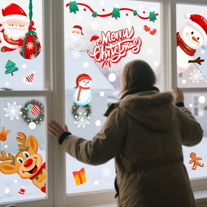 Christmas Window Clings Double-Sided Decor - Santa Snowman Reindeer Penguins & Snowflakes - 6 Sheets for Indoor Outdoor Holiday Scene - Christmas Day