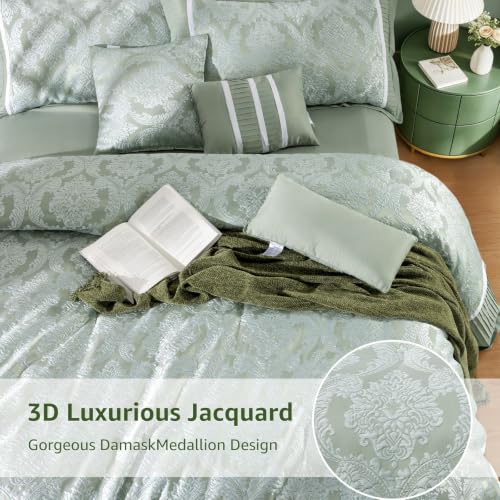 King Size Comforter Set 7 Piece Jacquard Damask Bedding in Sage Green