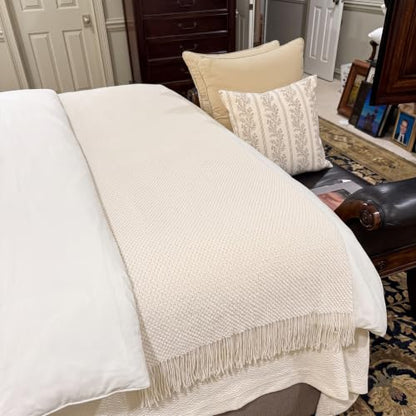 King Size Cotton Knit Bed Runner with Tassels - Beige 60x260cm / 23.6x102in