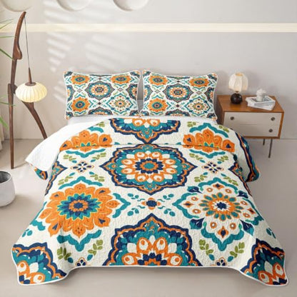 Mandala Floral Quilt Set Full Vintage Damask Bedspread - Green Yellow Teal