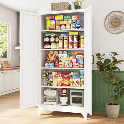 White Metal Pantry Kitchen Storage Cabinets with Doors and Shelves - 18 x 36 x 76 Inches