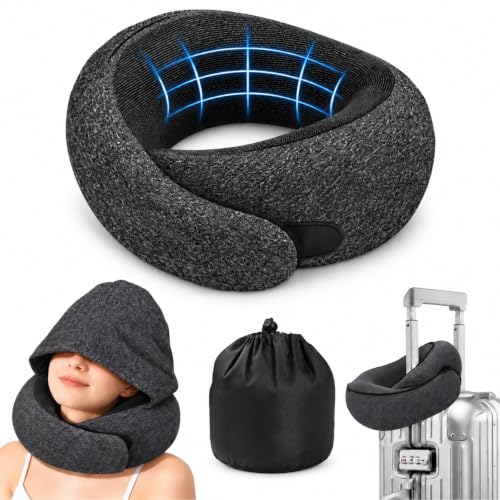 Black Travel Neck Pillow with Hood, Memory Foam Support & Eye Cover