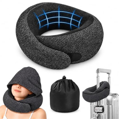 Black Travel Neck Pillow with Hood, Memory Foam Support & Eye Cover