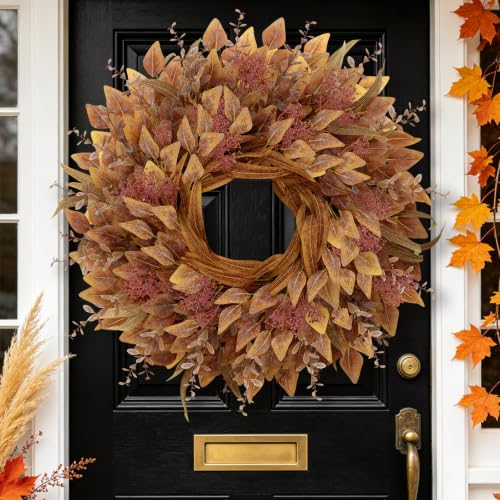 26-Inch Fall Eucalyptus Wreath with Orange Accents for Front Door - Full Large Size