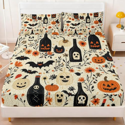 Halloween Fitted Bed Sheet King with Gothic Pumpkin Skull Bats Pattern - Ghost Bottle Pumpkin Variation