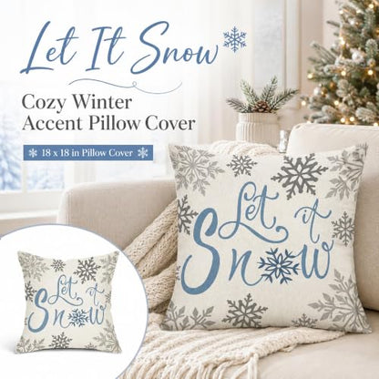 Let It Snow Pillow Cover 18x18 Winter Farmhouse Christmas Throw - Snowflakes Variation
