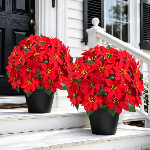 Artificial Poinsettia Topiary Trees - Red Holiday Outdoor Decor - 24 Inches - 2 Pack