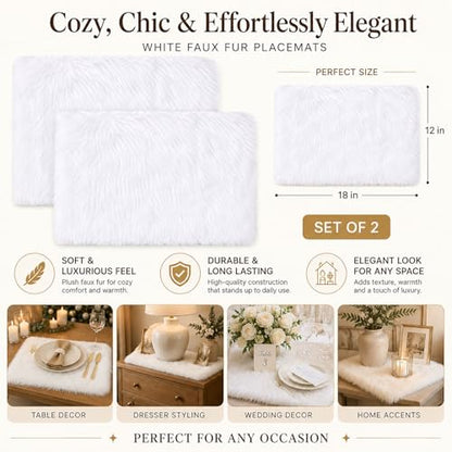 Faux Fur Placemats Set of 2 - White 12x18 Inch Washable Holiday Table Decor