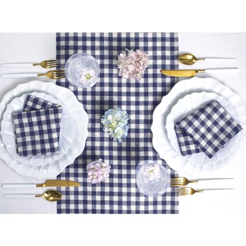 Navy Gingham Check Linen Table Runner - 14 x 60 Inches - Solino Home