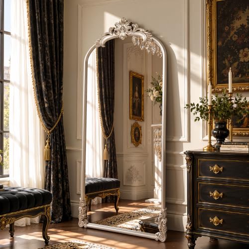 Vintage Arched Floor Mirror 28x69 Inches with Stand - Antique Silver Finish