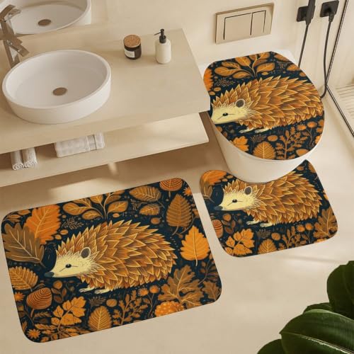 Cute Hedgehog Bathroom Rugs Set 3 Piece Floor Mat & Toilet Cover