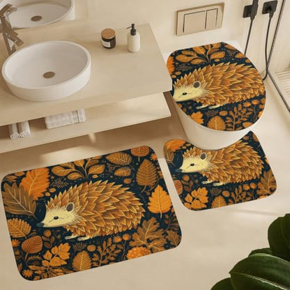 Cute Hedgehog Bathroom Rugs Set 3 Piece Floor Mat & Toilet Cover