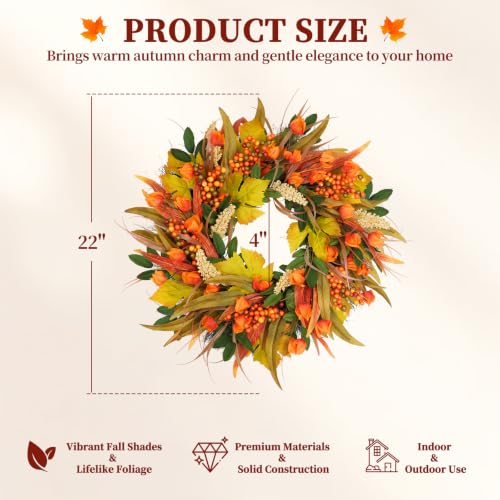 22 Inch Fall Harvest Wreath with Lantern Flowers and Wheat - Front Door Decor