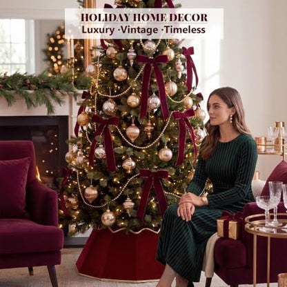 Foldable Velvet Christmas Tree Collar Burgundy 28 Inch with Gold Trim - Farmhouse Style