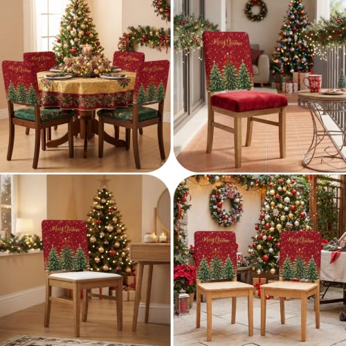 Red & Green Christmas Tree Chair Covers Set of 6 - Snowflake Balls Holiday Slipcovers