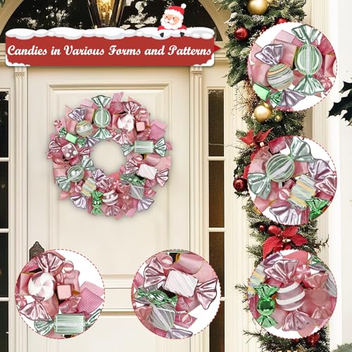 Pink & Green Christmas Wreath with Candies and Gold Bow - 20 Inch Holiday Door Decor - Variation of Pink Green
