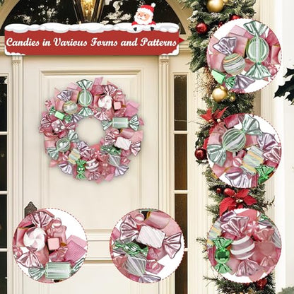 Pink & Green Christmas Wreath with Candies and Gold Bow - 20 Inch Holiday Door Decor - Variation of Pink Green