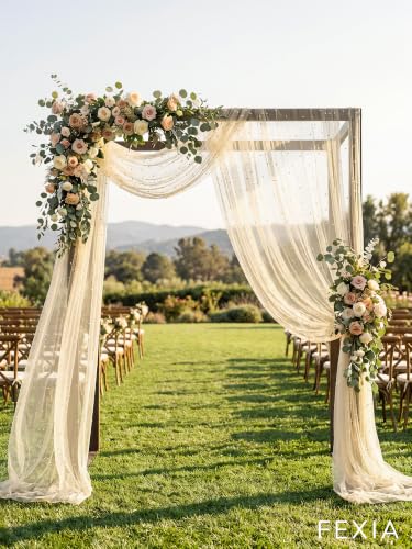 FEXIA Champagne Pearl Table Runner 10ft Beige Tulle Gauze Wedding Decor