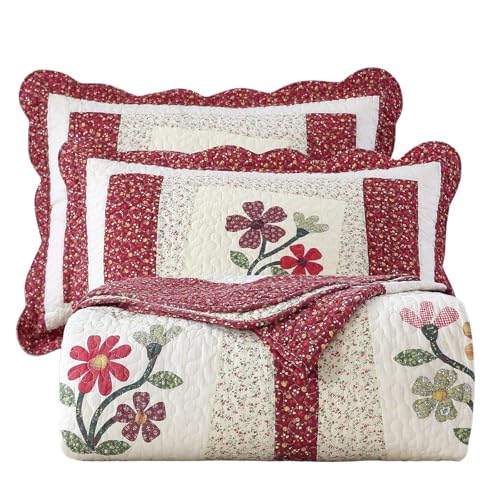 Red Floral Embroidered Cotton Quilt Set with Pillow Shams - Queen