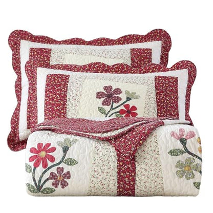 Red Floral Embroidered Cotton Quilt Set with Pillow Shams - Queen