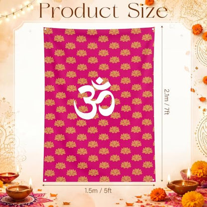 Eaasty 7x5 ft Indian Pooja Lotus Backdrop Decor Om Symbol Tapestry - Pink & Gold