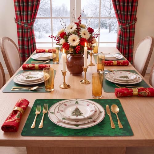 Christmas Vinyl Placemats Set of 6 - Green, Rectangular, 12 x 17 Inches - Holiday Table Decor
