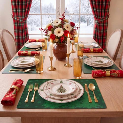 Christmas Vinyl Placemats Set of 6 - Green, Rectangular, 12 x 17 Inches - Holiday Table Decor