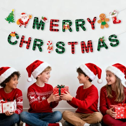 Christmas Banner with Santa Gingerbread & Tree Patterns - Red Green Buffalo Plaid Holiday Decor