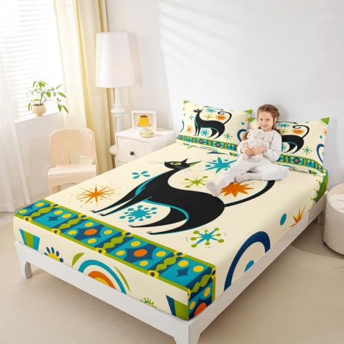 Queen Size Black Cat Bedding Set with Colorful Star Dots - 4Pcs Kids & Adults Bed Sheets