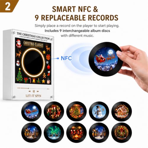 Mini Vinyl Record Player with NFC Touch, 9 Interchangeable Discs & LED Lights