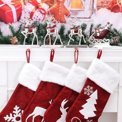 Reindeer Stocking Hangers and Sleigh Hooks Set - Christmas Fireplace Decor - Red Reindeer Variation