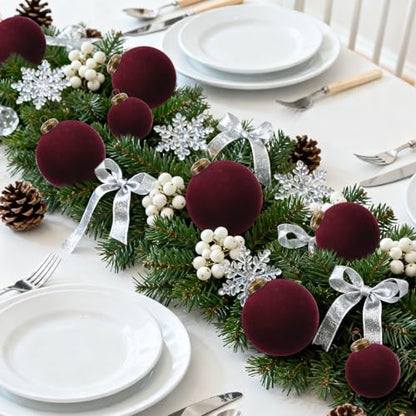 Burgundy Velvet Christmas Ornaments - Set of 12 Flocked Holiday Decor