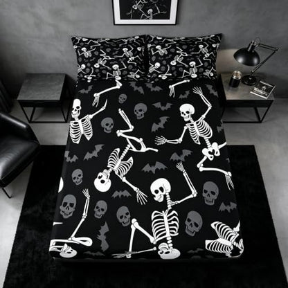 Obsidian Black & Off-White Queen Bed Sheet Set with Skeleton Print & Deep Pockets
