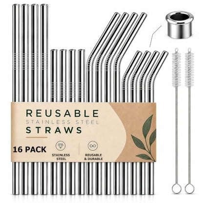 Reusable Metal Drinking Straws Set for 20 & 30 oz Tumblers with Cleaning Brushes