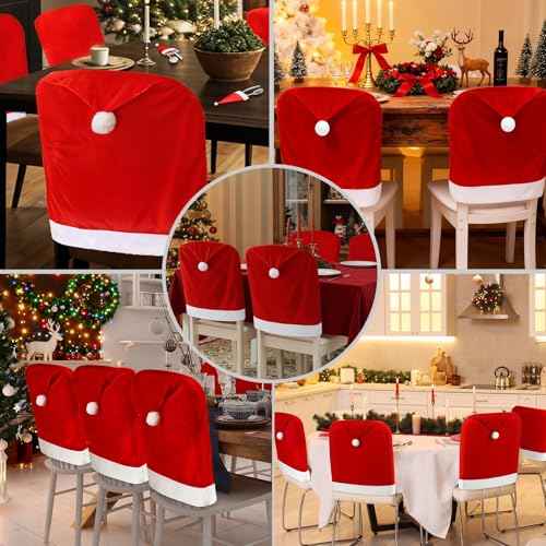 Christmas Chair Cover, Santa Hat Chair Covers with 4Pcs Silverware Holders Santa Chair Back Cover for Christmas Dinner Table Holiday Party Decoration