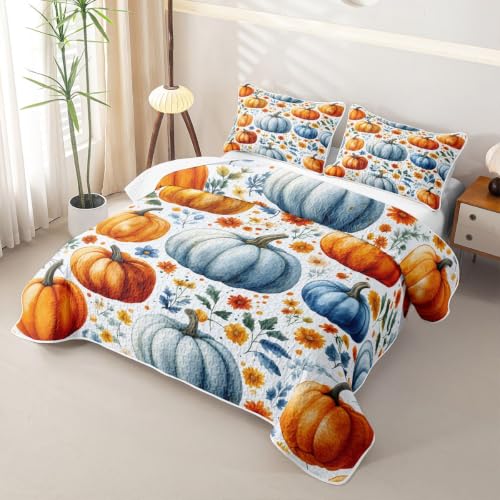 Pumpkin Thanksgiving Quilted Bedspread Set - Blue Yellow Green Full Size