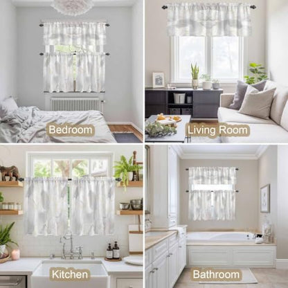 Grey Kitchen Tier and Valance Set 3 Piece - Natural White & Gold Stripe, 54x18in + 27.5x24in, Semi Sheer Window Curtains