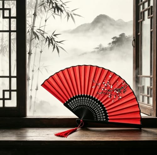 Red Silk Folding Hand Fan with Plum Blossom Print - Traditional Chinese Decor