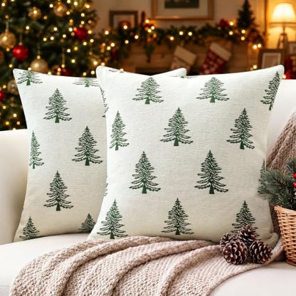 Artscope Christmas Chenille Pillow Covers 20x20 Inch Set of 2 - Beige & Green