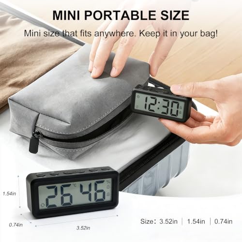 Mini Travel Alarm Clock Battery Operated with Magnetic Attraction - Black, 3.7 Inch